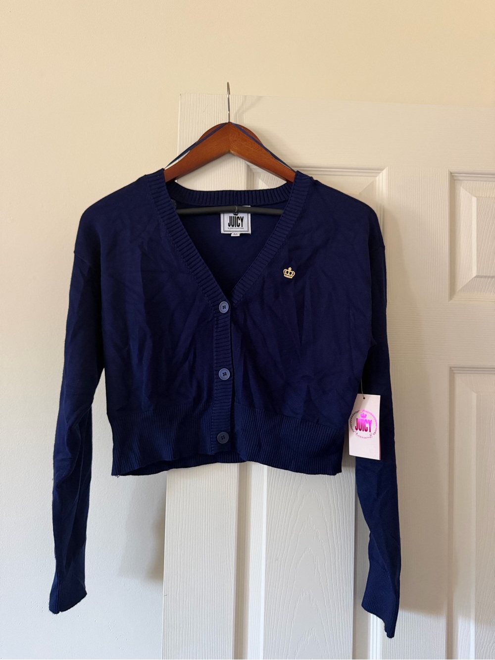 Juicy Couture Navy Cropped V‑Neck Button Cardigan with Gold Crown Pin